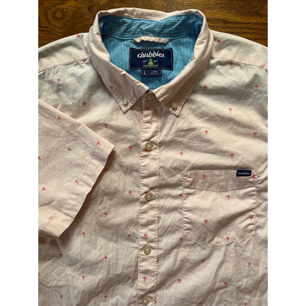 Chubbies Mens Large Pink Palm Tree Print Short Sleeve Button Down Shirt Casual